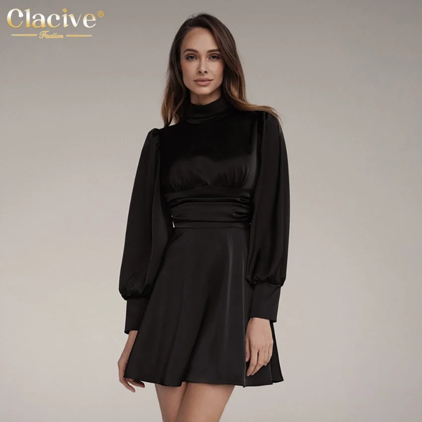 Clacive Fashion Stand Collar Satin Women Dresses Autumn Elegant Long Sleeve Backless Mini Dress Casual Sliim Pleated  Dress Robe