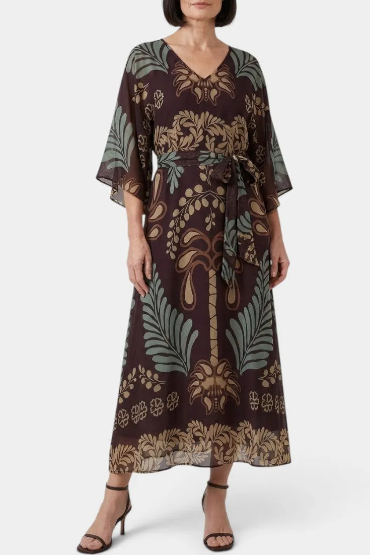Belted Floral Print Maxi Dress with Kimono Sleeves