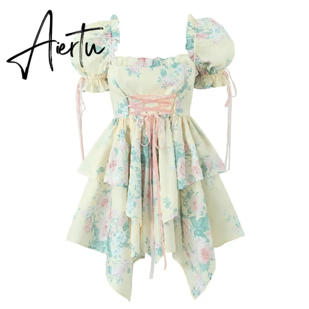 Sweet Princess Cross Rope Bow Front Flower Print Irregular Ball Gown Dress Women Puff Sleeve Swing Mini Fairy Cake Robe Aiertu