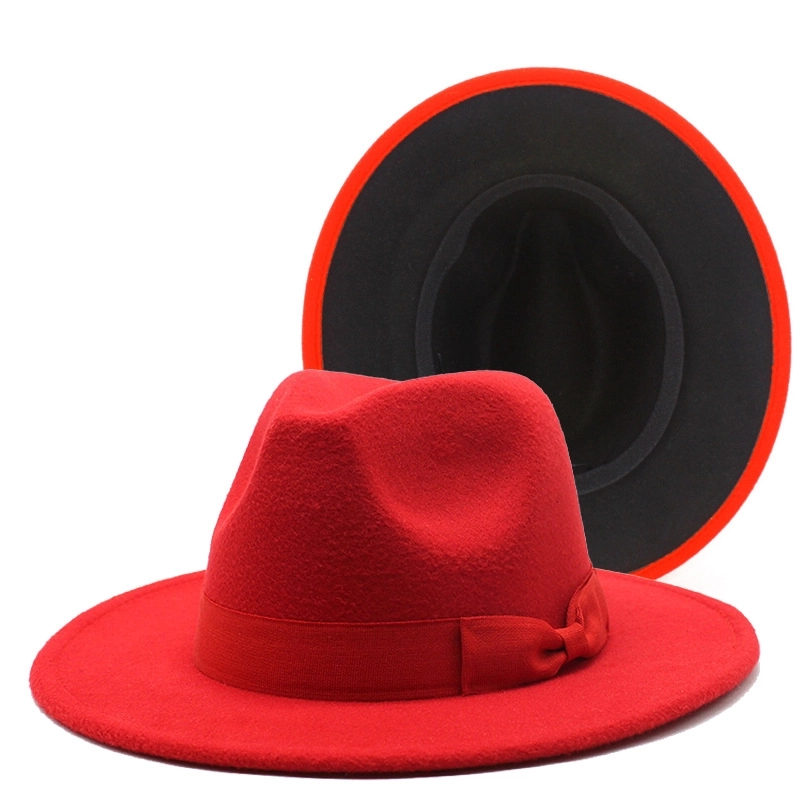 Fashion Red And Black Color Matching Hat Bow Accessories Jazz Hat Woolen Hat