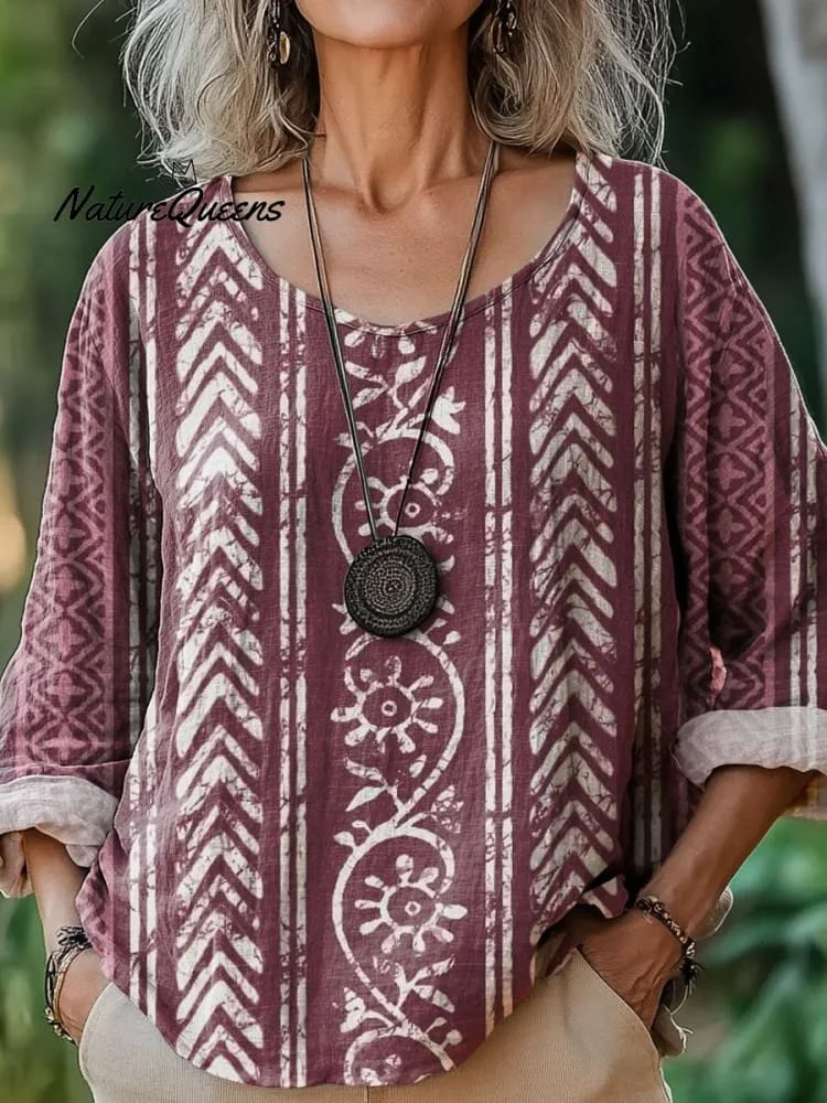 Women's Retro Pattern Art Print Casual Cotton And Linen Shirt