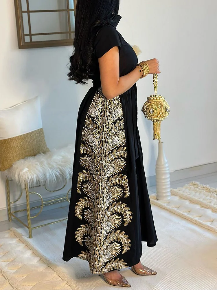 Gold Embroidered Round Neck Elegant Dress