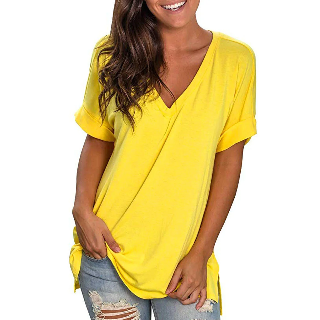 Solid Color Loose V Neck T Shirt