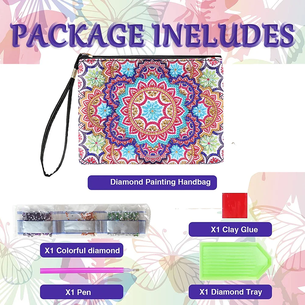 DIY Mandala Diamond Art Cosmetic Bag Flowers Single Sided PU Women Clutch