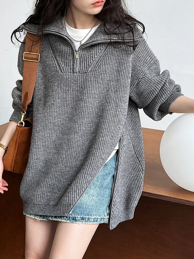 Casual Solid Color Zipper Knit Sweater