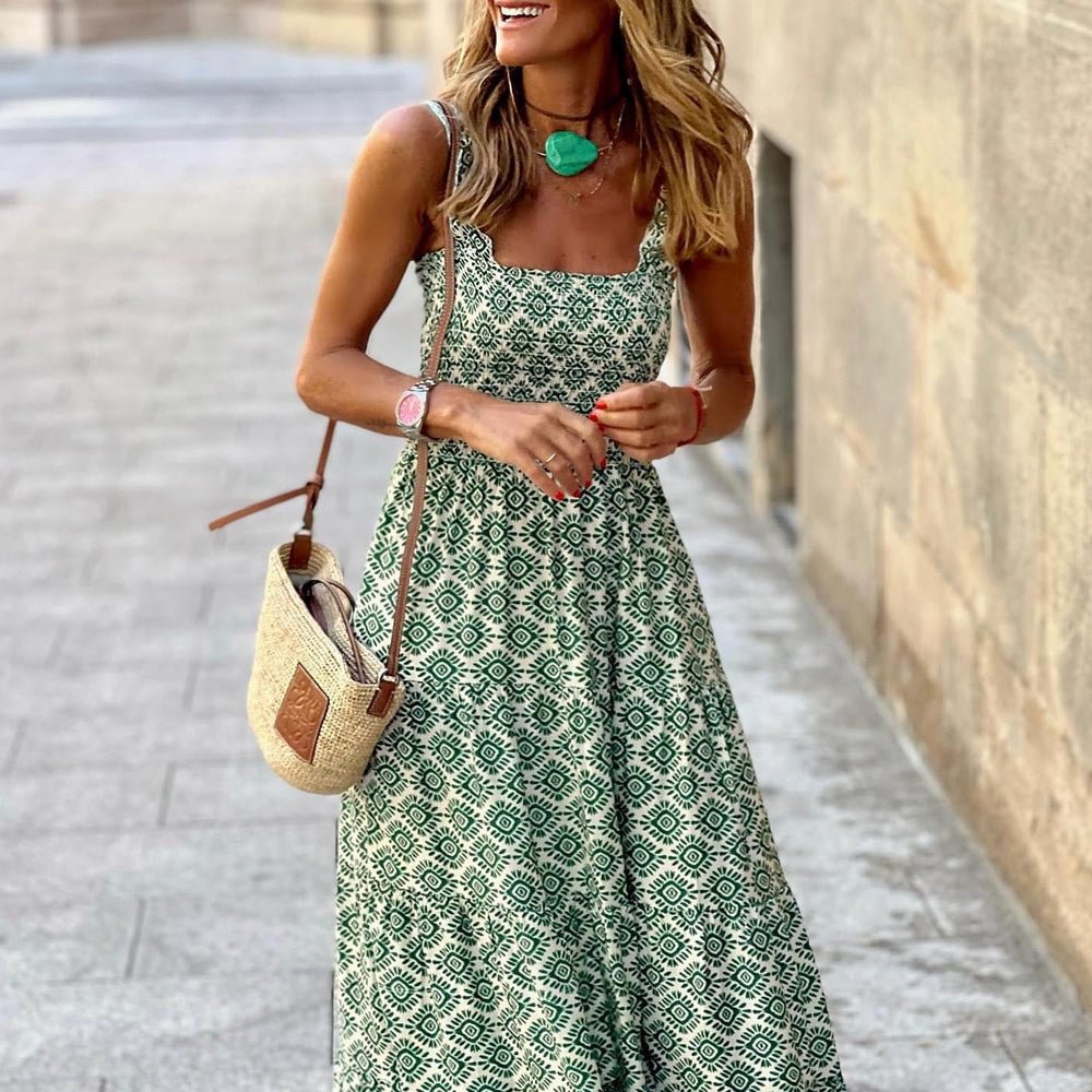Luxe Green and White Print Square Neck Short Sleeve Midi Dress
