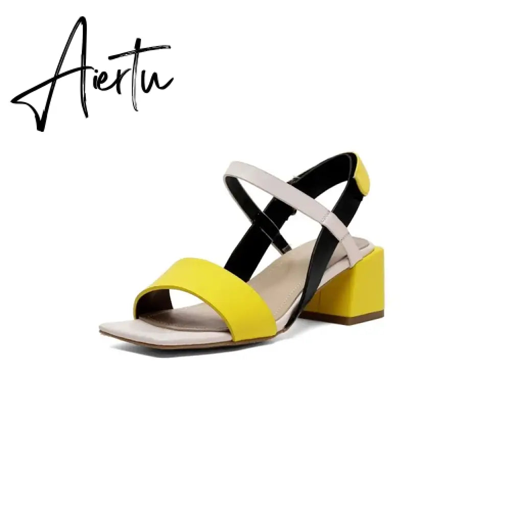 Aiertu HOT SALES Summer Sandals Women Open Toe Chunky Heel Women Shoes Narrow Band Mixed Colors High Heel Sandals Genuine Leather Shoes Aiertu