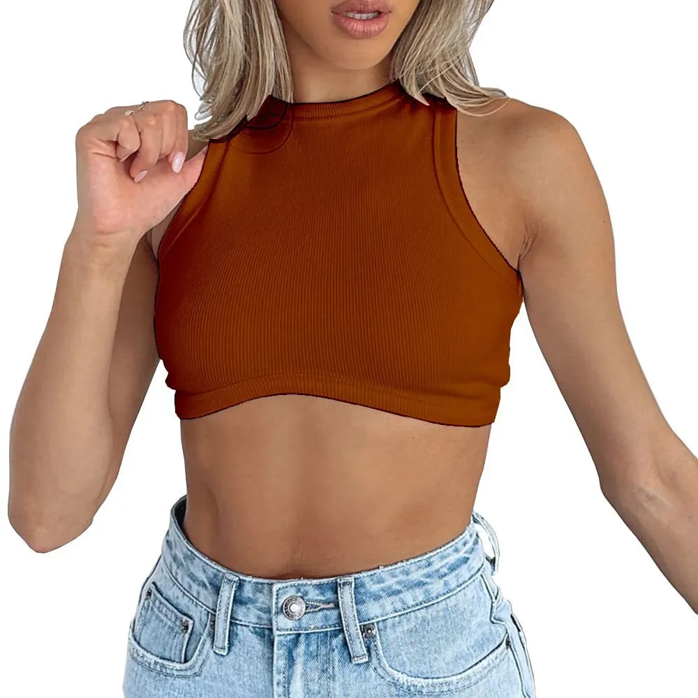 Uveng Uveng Women's New Women's Sexy Sleeveless Round Neck Rib Knit Vest Crop Top
