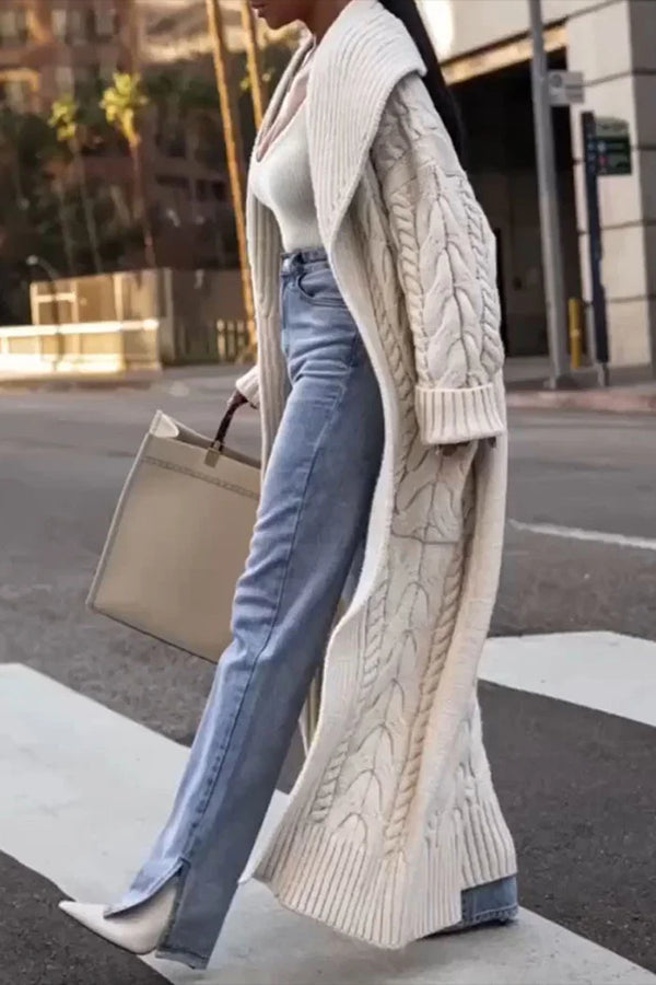 Lazy Long Sleeve Large Lapel Solid Color Pocket Twist Knit Maxi Cardigan