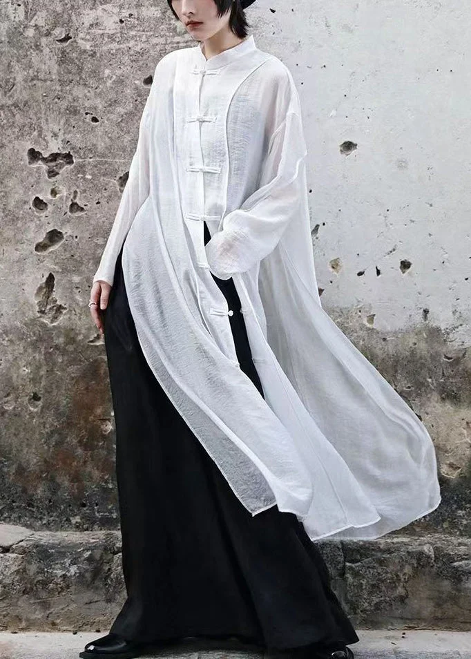 Bohemian White Chinese Button Side Open Draping Chiffon UPF 50+ Long Shirt Summer