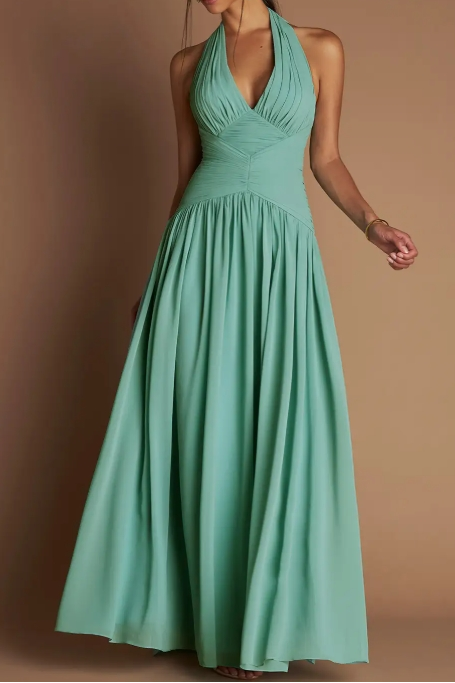 Oknass Halter Sleeveless V Neck Long Prom Dress With Pleated Ruffles 