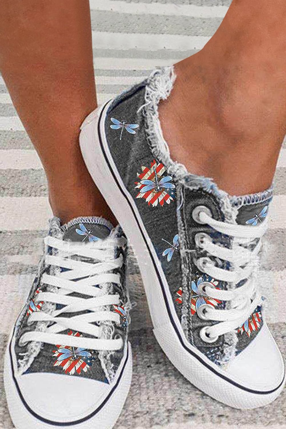 Gray Upper Flag Floral Dragonfly Print Sneakers