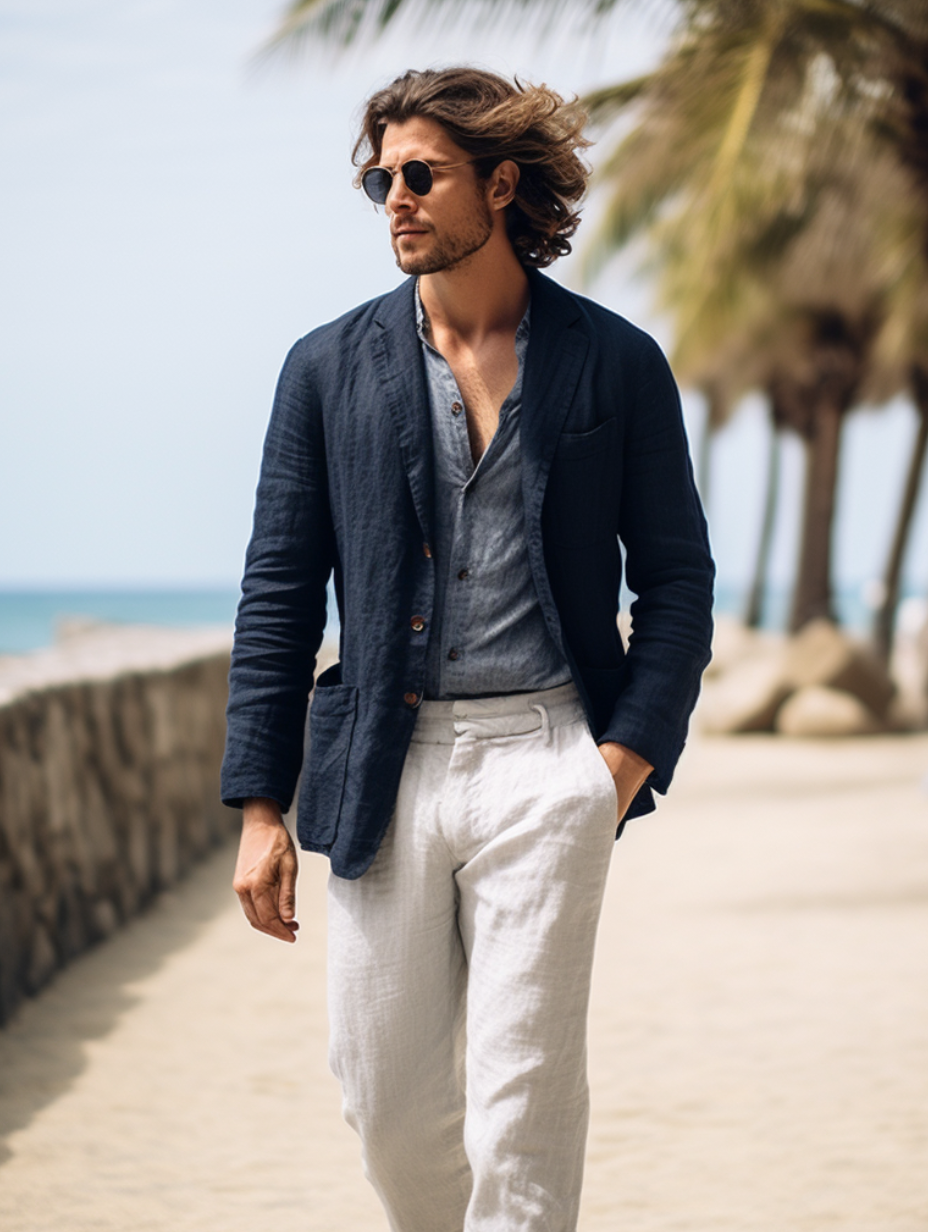 Navy Causal Linen Suit Jacket