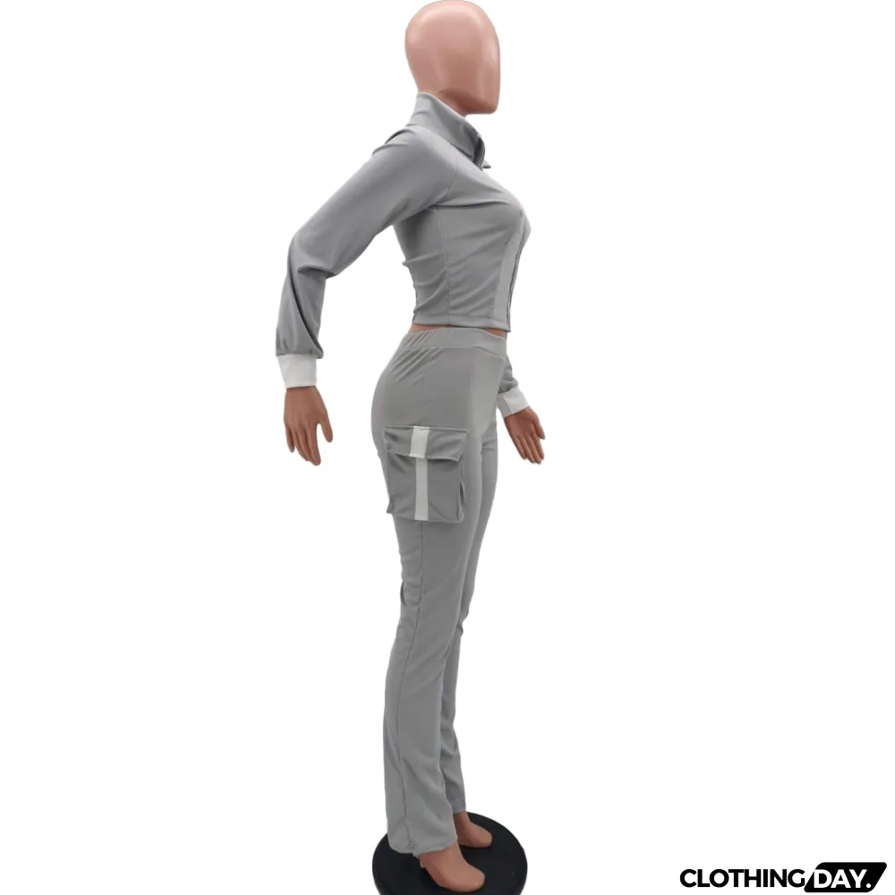 Autumn Blank Zip Crop Top and High Waist Pocket Trouser Set