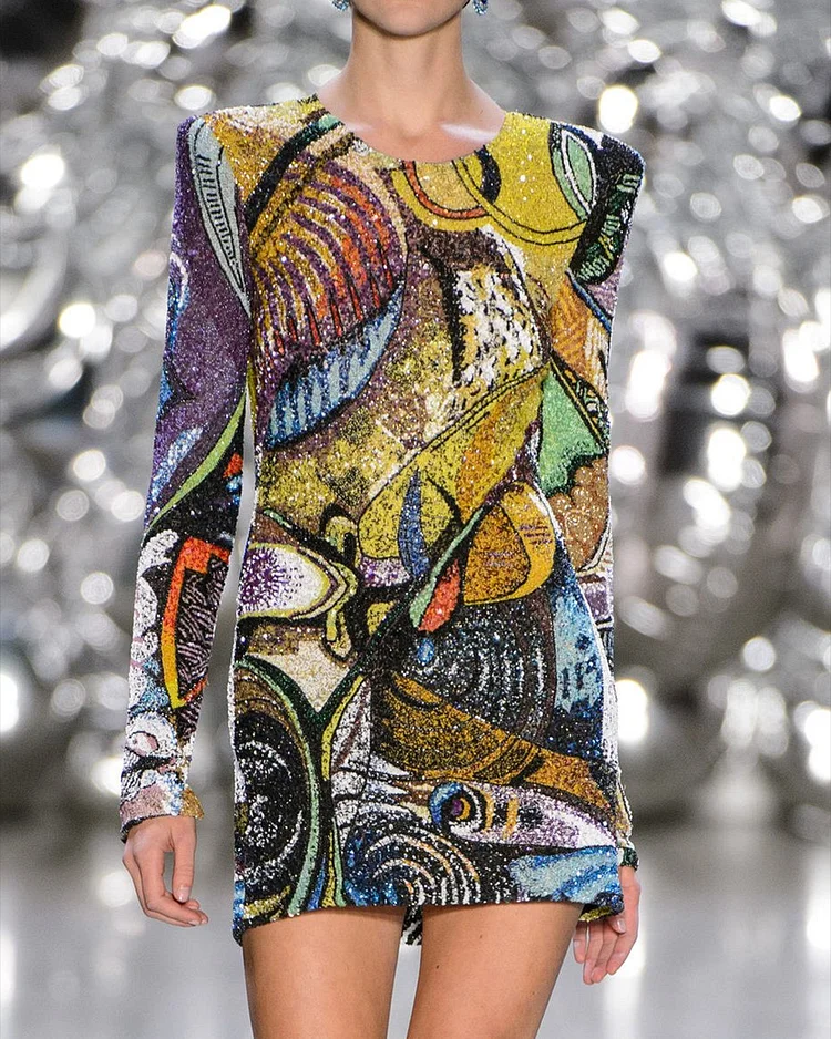 Women's Round Neck Long Sleeve Sequined Mini Dress