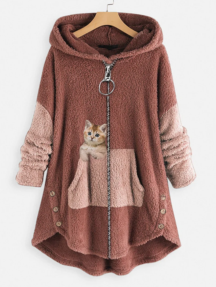 Cute Cat Print Fleece Hoodie socialshop