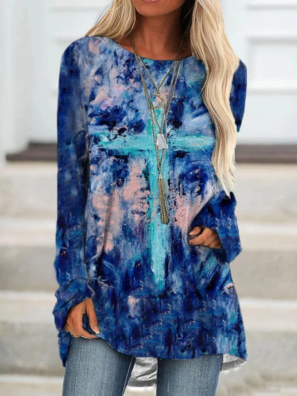 Cross Faith Tie-Dye Printed Long-Sleeve Dress