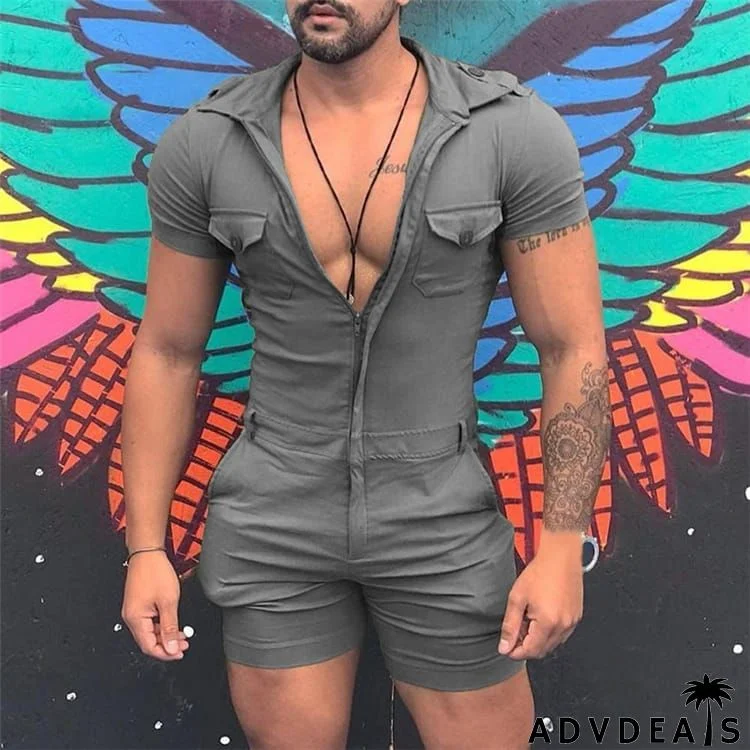 S-5XL Men Fashion Solid Color Zipper Short Sleeve Rompers