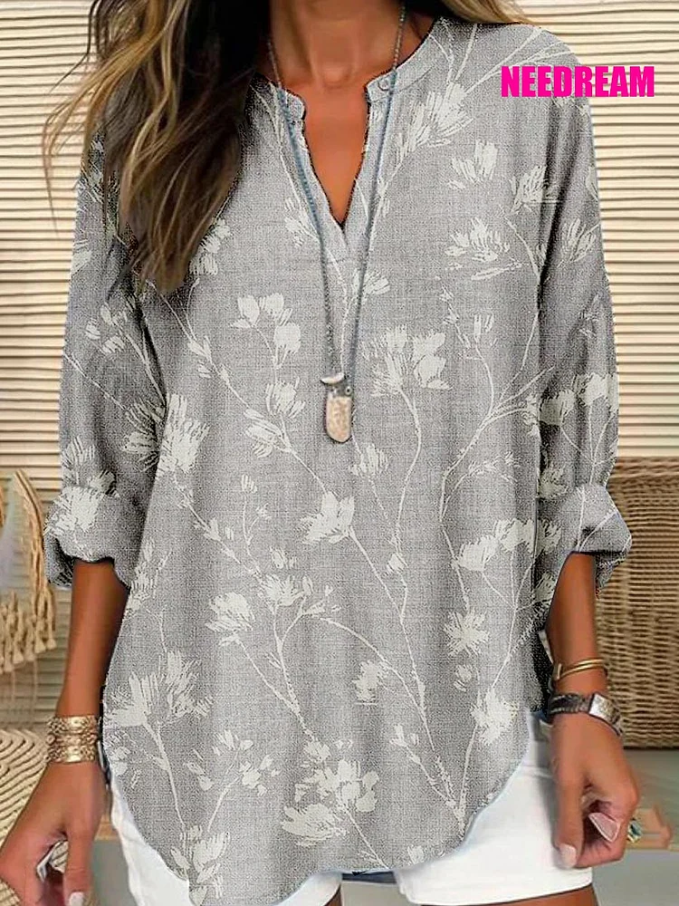 Womens Bicolor Flower Pattern Cotton Long Sleeve Crew Neck Shirt 