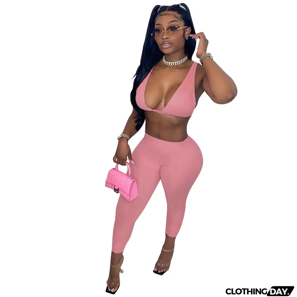 Women Summer Sexy Backless Solid Color Crop Top And Pant Two Piece Set