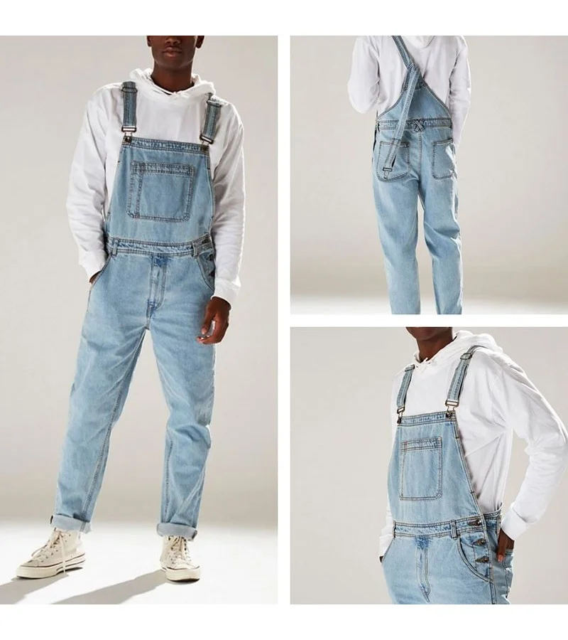 Men Fashion Pocket Patchwork Denim Jumpsuits S-3XL
