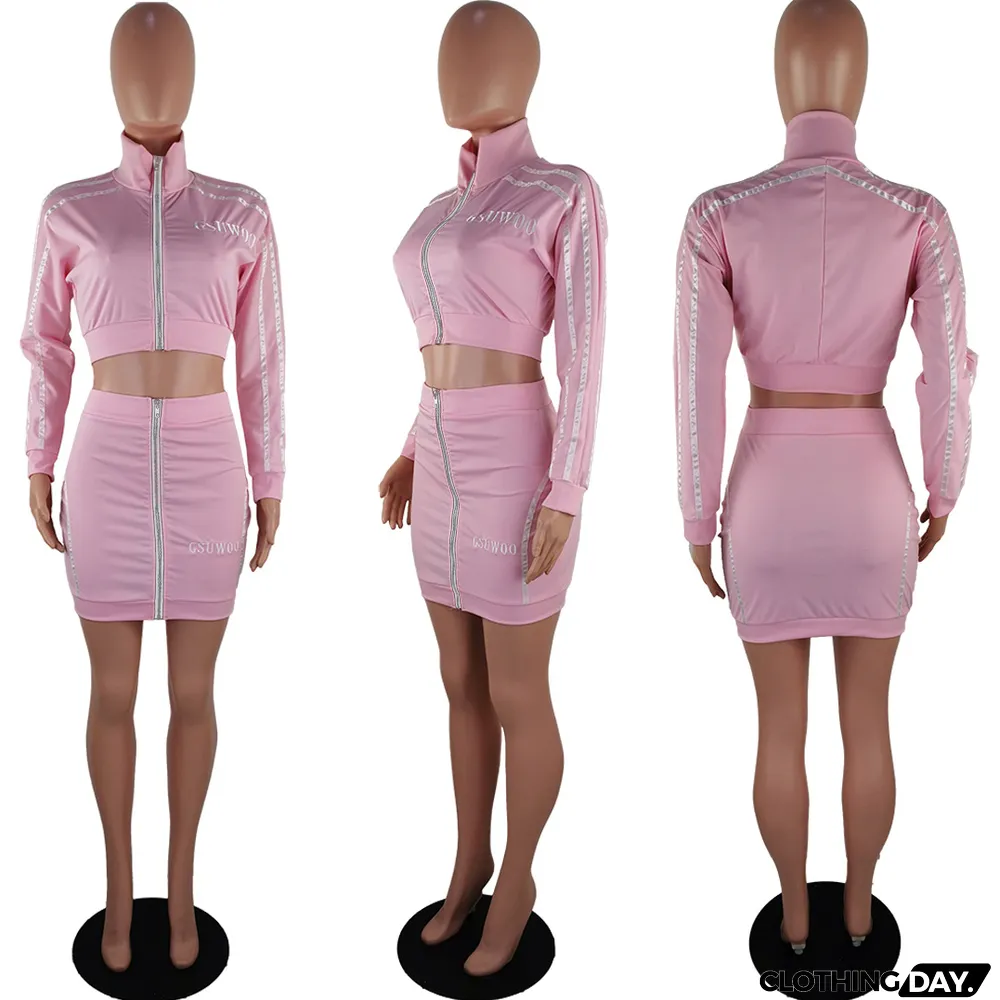 Fashion Letter Embroidery Zipper Skirt Suit