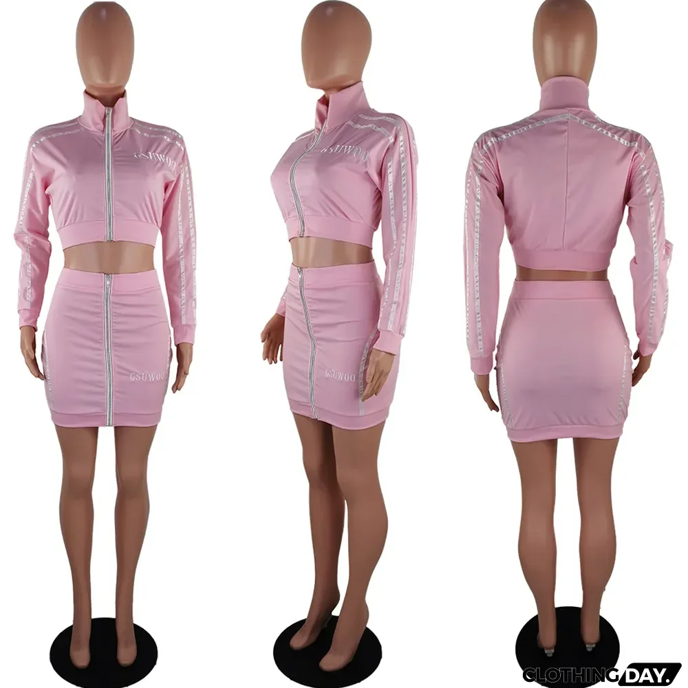 Fashion Letter Embroidery Zipper Skirt Suit