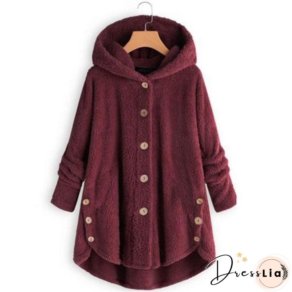 Button Solid Color Warm Coat With Hood