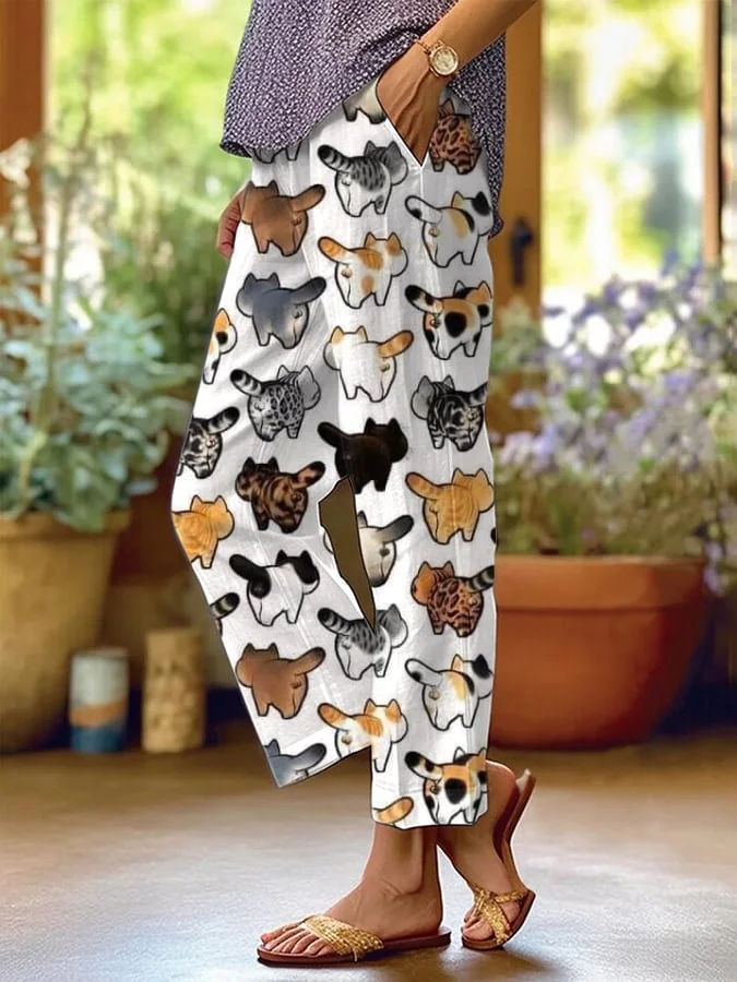 Women's Animal Cat Print Casual Wide Leg Pants