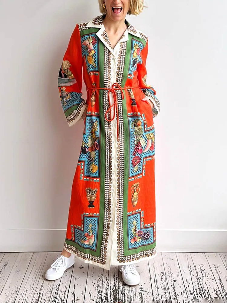 Classic Modern Unique Print Patchwork Loose Belted Shirt Silhouette Maxi Dress