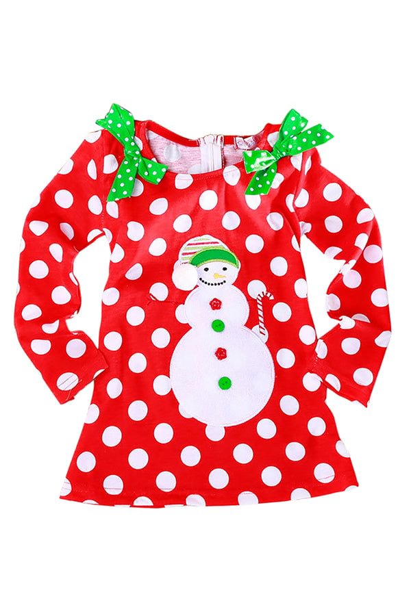 Kids Girls Long Sleeve Polka Dot Christmas Santa Snowman Dress Red-elleschic