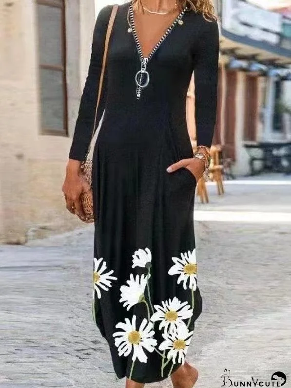 Casual Zipper V-neck Flower Print Long Skirt