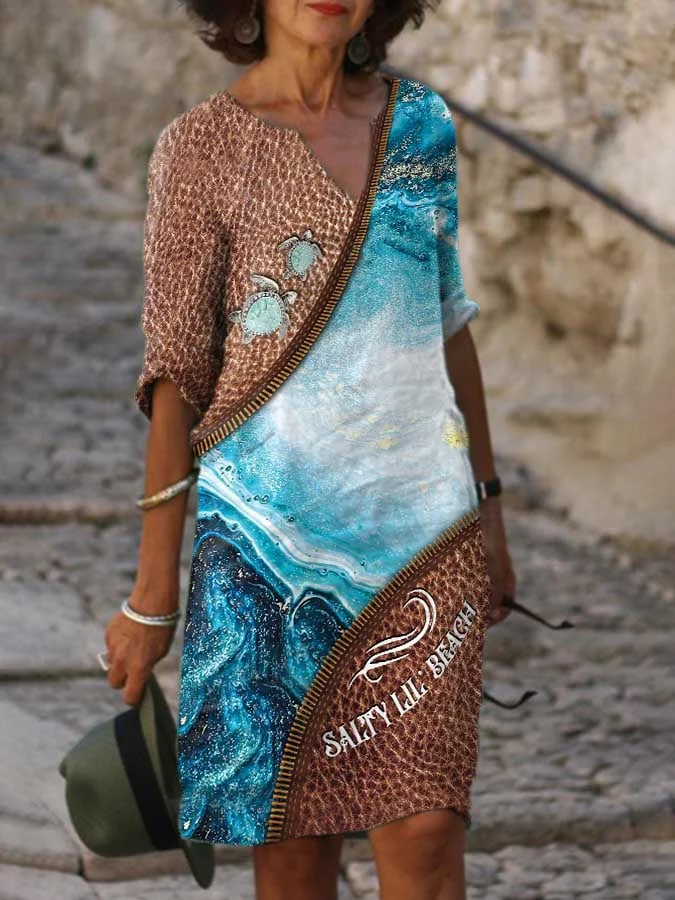 V-neck Vacation Vintage Sea Turtle Zipper Print Dress-mysite