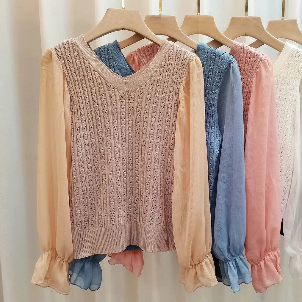 Uveng Uveng Temperament Spliced Chiffon Sleeve Long-Sleeved Top Women's Spring And Autumn New Design Sense Slimming Knitwear