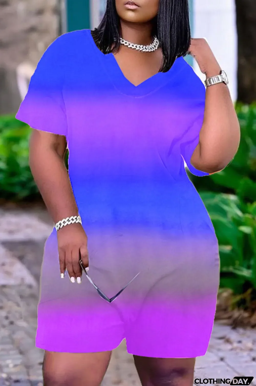 Pink Casual Gradual Change Print Tie-dye O Neck Loose Jumpsuits