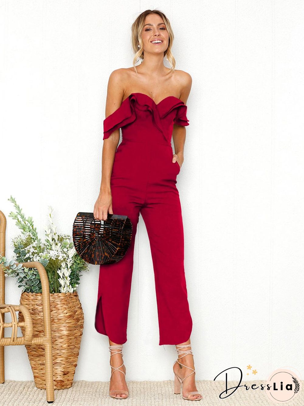 Black Sleeveless Plain Casual Off Shoulder Zip Back Jumpsuit