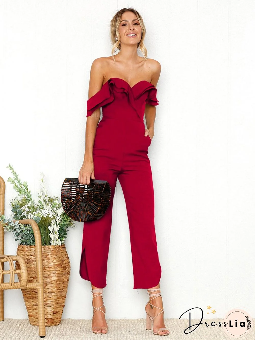 Black Sleeveless Plain Casual Off Shoulder Zip Back Jumpsuit