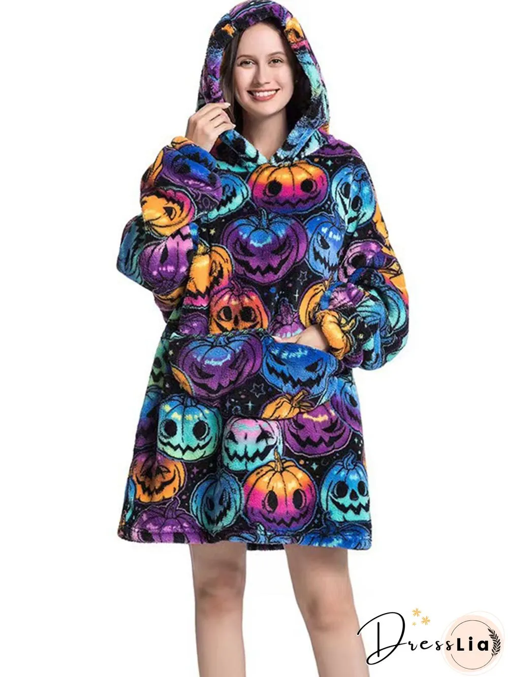 Halloween Pumpkin Print Pullover Flannel Hooded Warm Homewear Pajamas