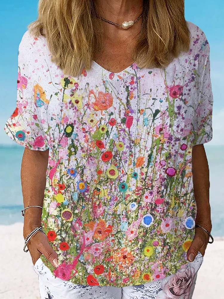 Women's Flower Art Print Casual Cotton And Linen Shirt