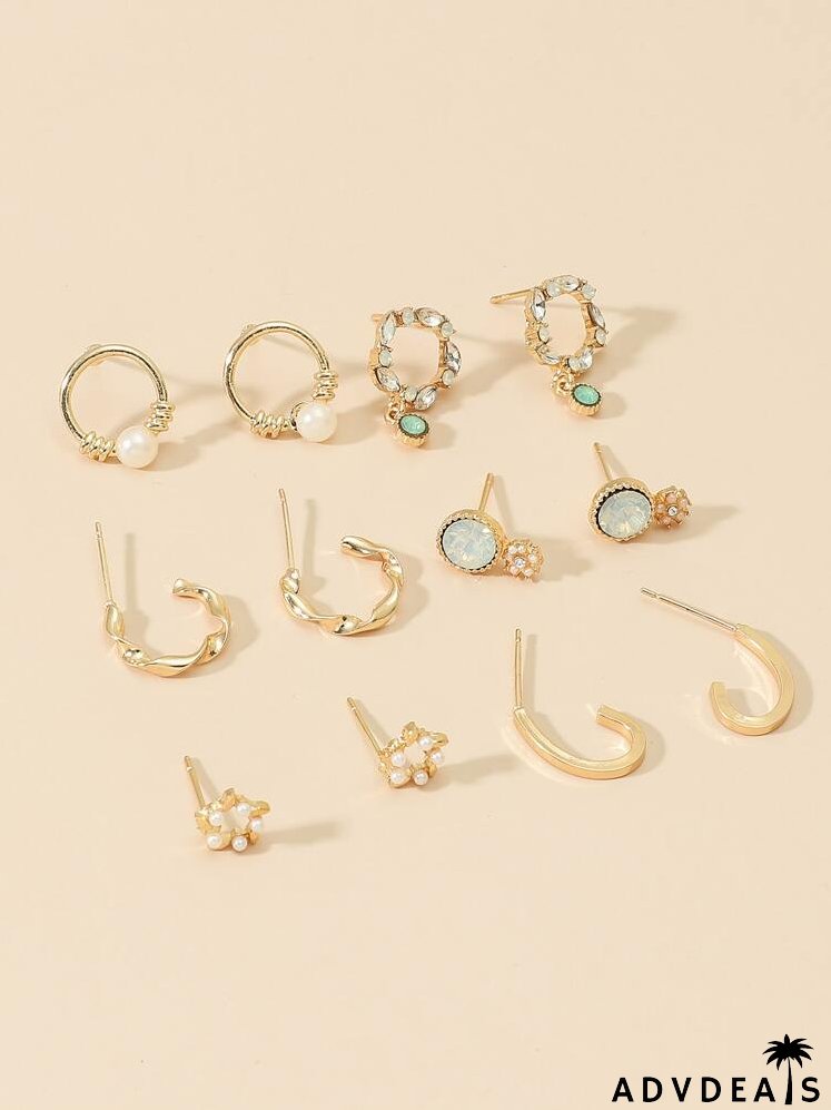 6pairs Rhinestone Decor Earrings