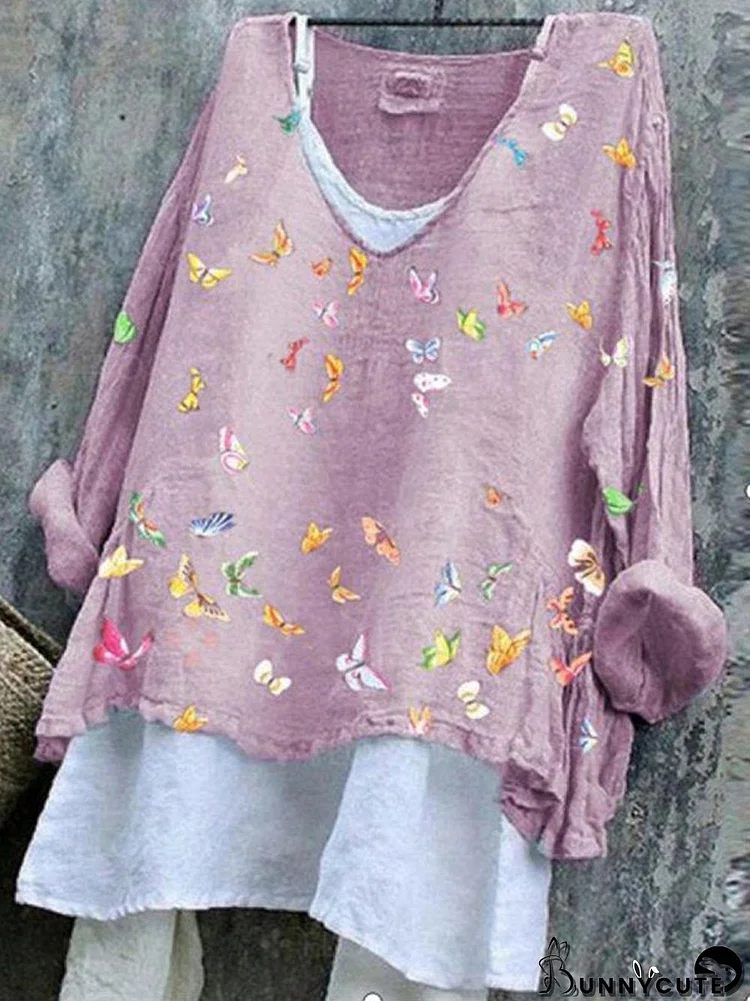 V-Neck Butterfly Print Casual Loose Fit Long Sleeve Blouse