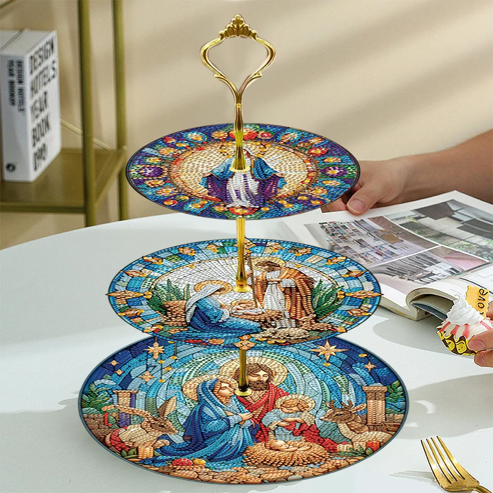 3 Tier Our Lady Round Diamond Painting Tray Food Plate for Adults Beginners
