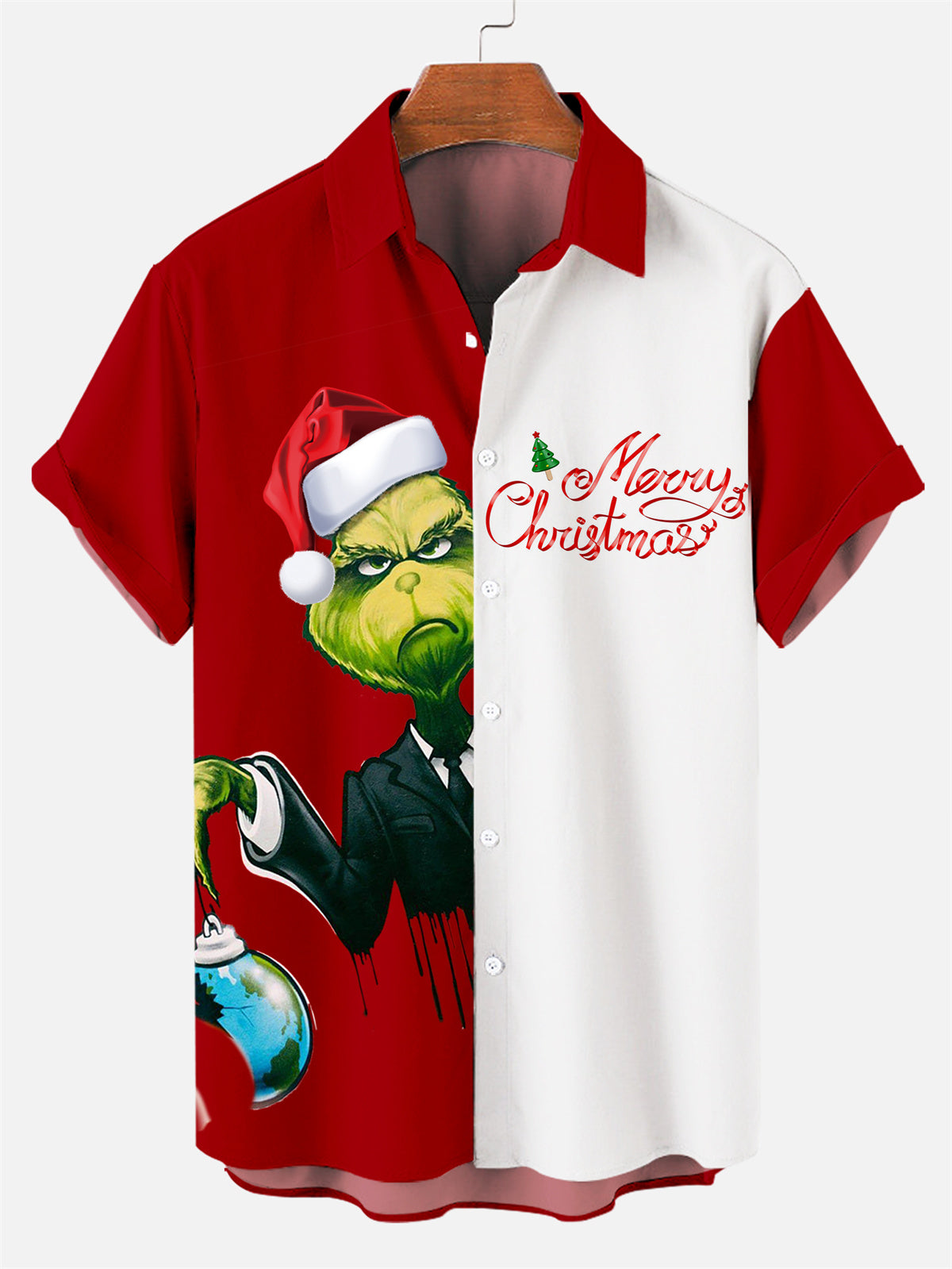 Men's Christmas Green Monster Pattern Contrast Short Sleeve Shirt PLUSCLOTHESMAN