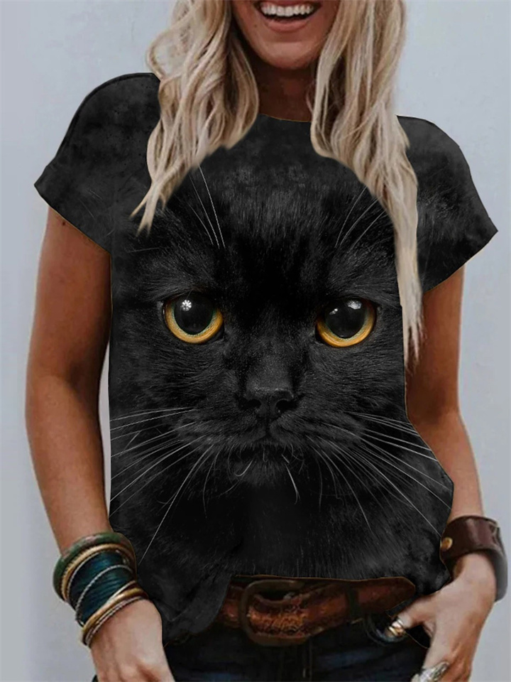 Casual Short-sleeved Female T-shirt Cat 3D Print Round Neck