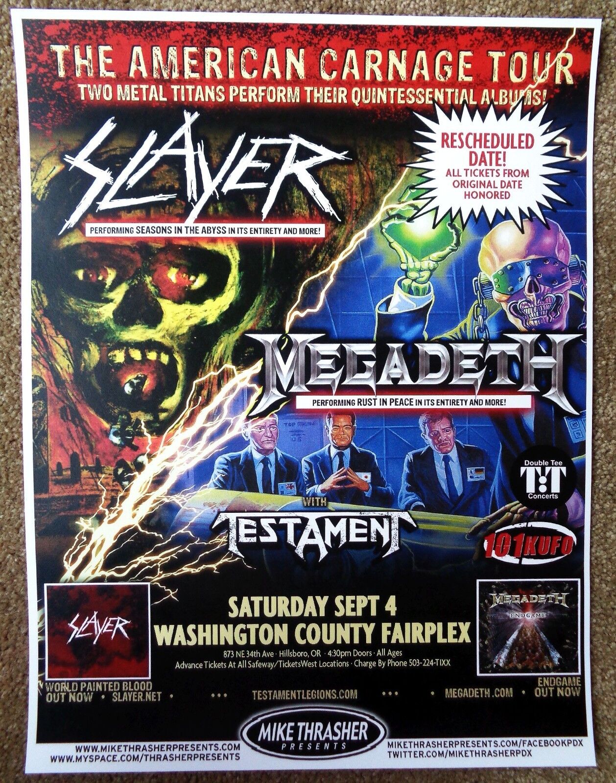 SLAYER & MEGADETH 2010 Gig POSTER Hillsboro Oregon Concert American Carnage Tour