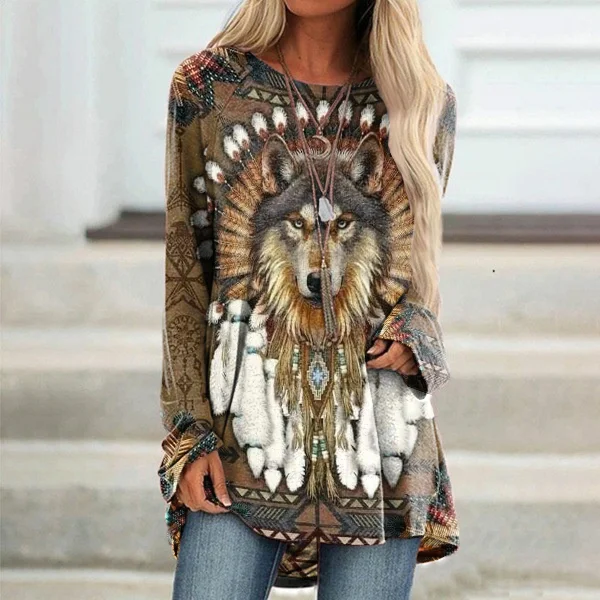 Western Print Crew Neck Casual Tunic