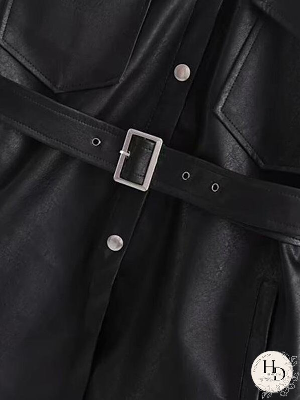 Button Front Flap Pocket Belted PU Coat for Women