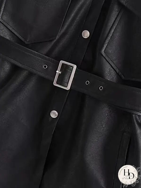 Button Front Flap Pocket Belted PU Coat for Women