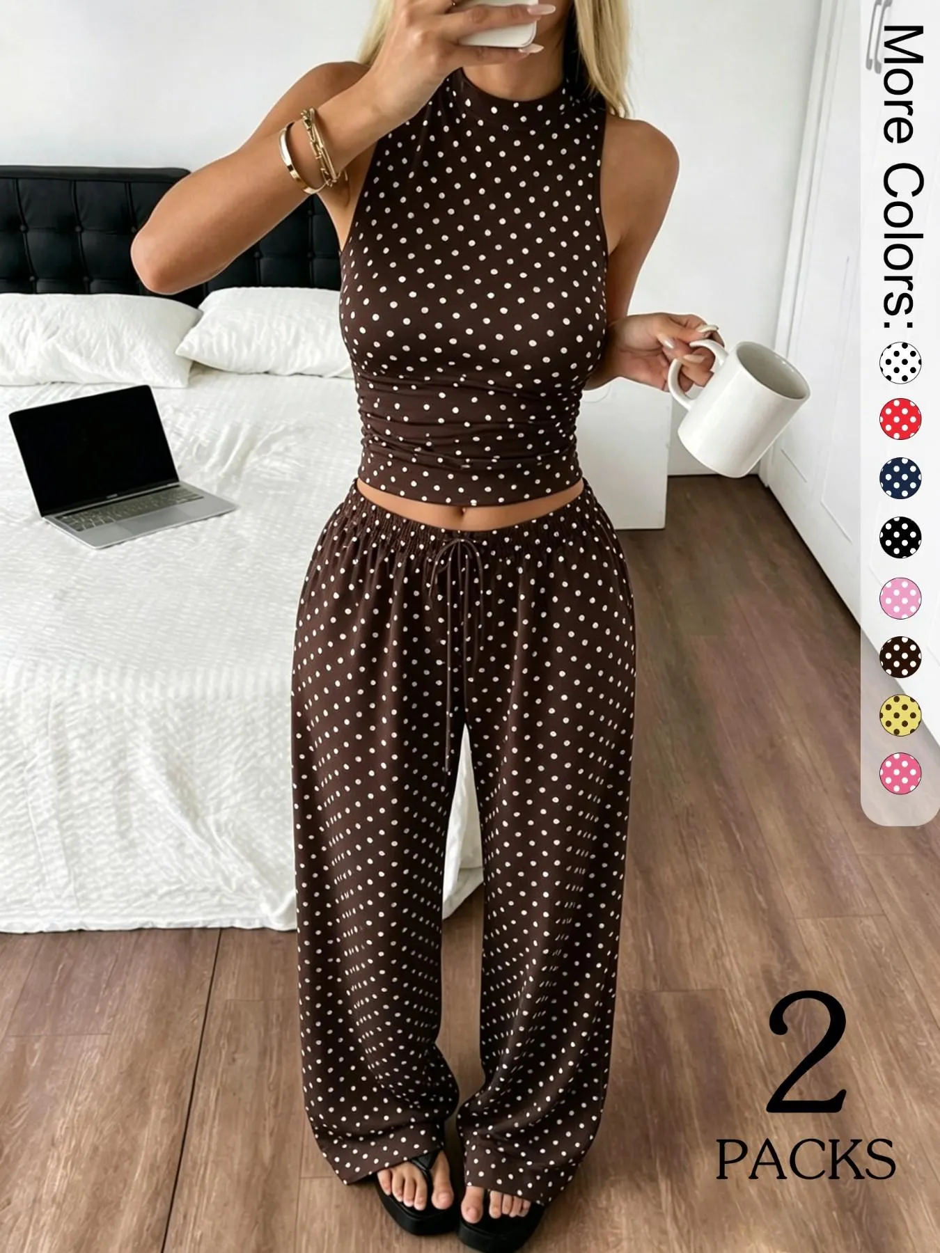 2 Pack Women's Polka Dot Loungewear Set, Sleeveless High Neck Crop Top & Wide Leg Pants, Clean Girl Style Minimalist Summer Outfits with Drop Waist, Slim Fit Lingerie Outfit for Daily Wear & Casual Lounging