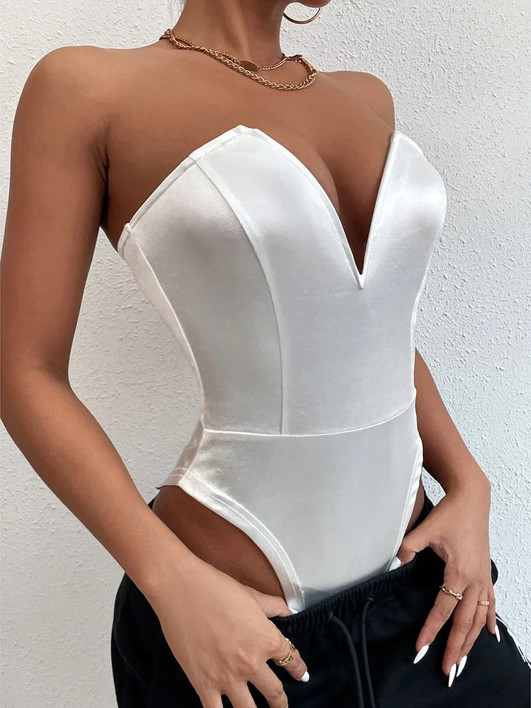 Articat V Neck Strapless Bodysuits Sleeveless Sexy Slim Bodycon Jumpsuit 2021 Fashion Elegant Crotch Basic White Overalls Top